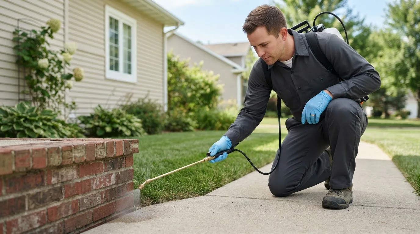 Pest control technician treating a home near Brookline, MO